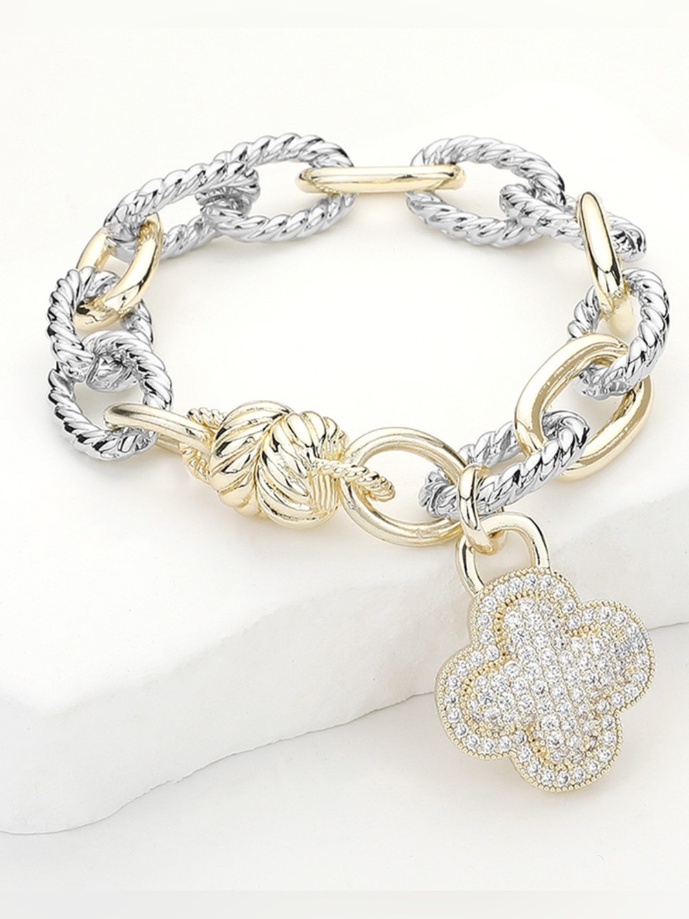 14K Gold Plated Two Tone CZ Stone Paved Quatrefoil Charm Magnetic Bracelet